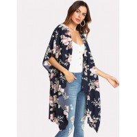 Flower Print Scallop Trim Kimono