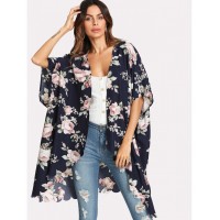 Flower Print Scallop Trim Kimono