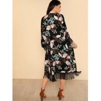 Crane Bird Print Fringe Trim Kimono