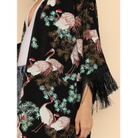 Crane Bird Print Fringe Trim Kimono