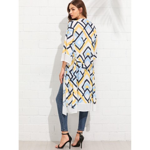 Geo Print Self Tie Waist Kimono