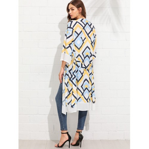 Geo Print Self Tie Waist Kimono