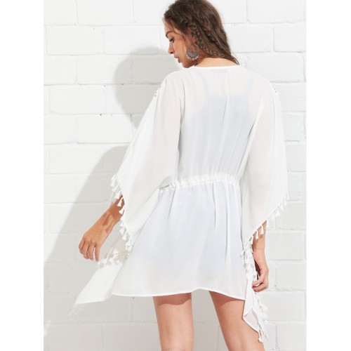 Lace Insert Tassel Trim Drawstring Waist Kimono