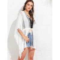 Lace Insert Tassel Trim Drawstring Waist Kimono