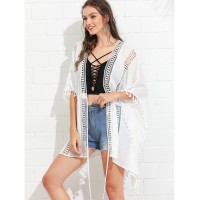 Lace Insert Tassel Trim Drawstring Waist Kimono