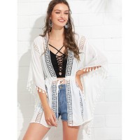 Lace Insert Tassel Trim Drawstring Waist Kimono