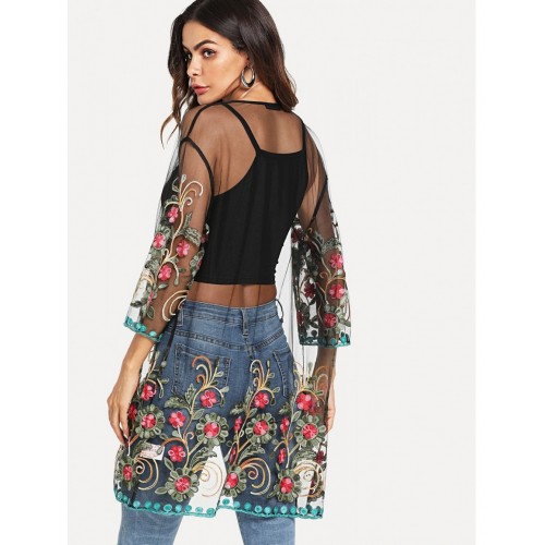 Flower Embroidered Mesh Kimono