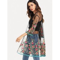 Flower Embroidered Mesh Kimono