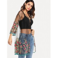 Flower Embroidered Mesh Kimono