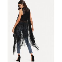 Fringe Detail See Through Plaid Kimono