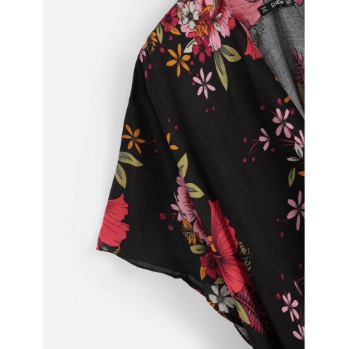 Flower Print Tassel Hem Kimono