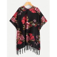 Flower Print Tassel Hem Kimono