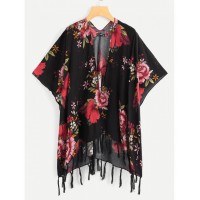 Flower Print Tassel Hem Kimono