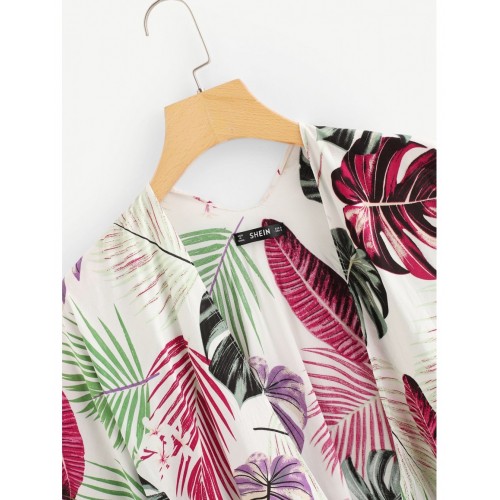 Jungle Leaf Print Tassel Hem Kimono