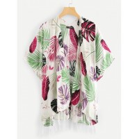 Jungle Leaf Print Tassel Hem Kimono