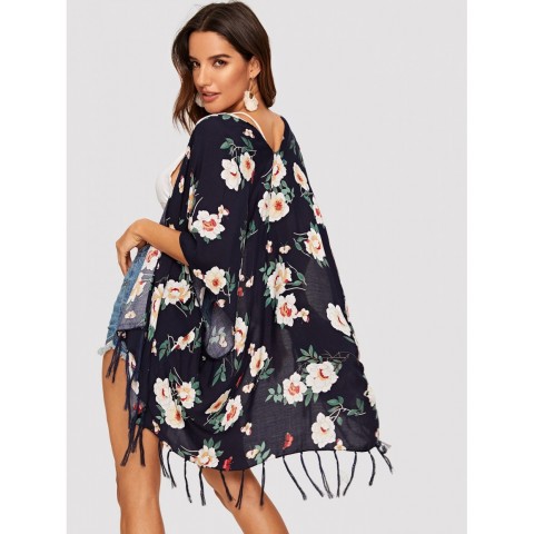 Flower Print Fringe Hem Kimono