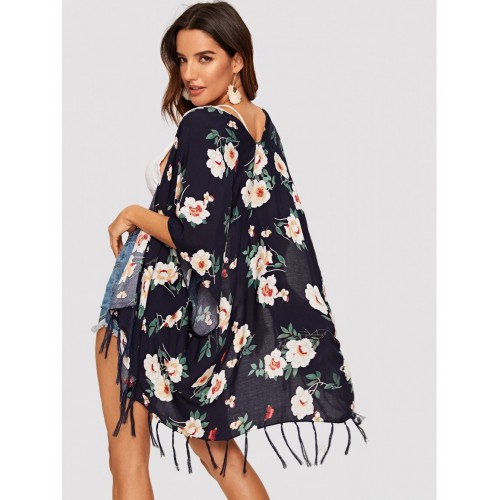 Flower Print Fringe Hem Kimono