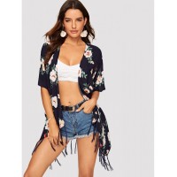 Flower Print Fringe Hem Kimono