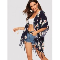 Flower Print Fringe Hem Kimono