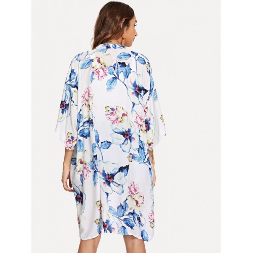 Botanical Print Open Front Longline Kimono