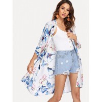 Botanical Print Open Front Longline Kimono