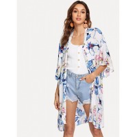 Botanical Print Open Front Longline Kimono