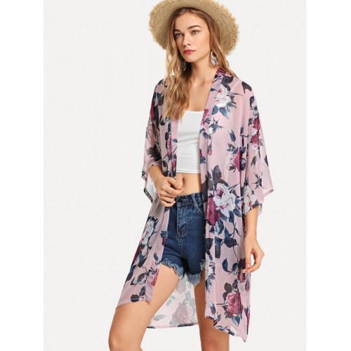 Open Front Floral Print Kimono