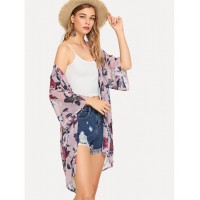 Open Front Floral Print Kimono