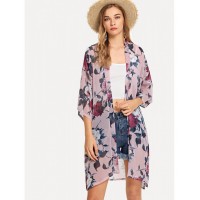 Open Front Floral Print Kimono