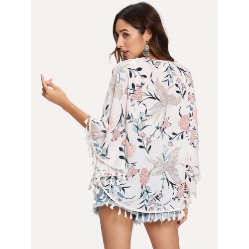 Tassel Trim Floral Print Kimono