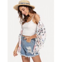 Tassel Trim Floral Print Kimono