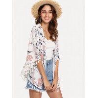 Tassel Trim Floral Print Kimono