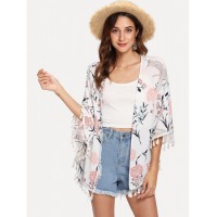 Tassel Trim Floral Print Kimono