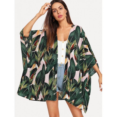 Jungle Leaf Print Batwing Sleeve Kimono