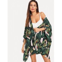 Jungle Leaf Print Batwing Sleeve Kimono