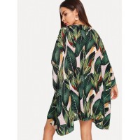 Jungle Leaf Print Batwing Sleeve Kimono