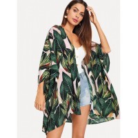 Jungle Leaf Print Batwing Sleeve Kimono