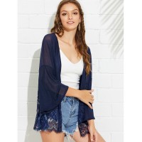 Bell Sleeve Contrast Lace Hem Kimono