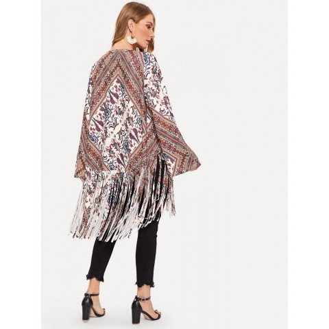 Open Front Fringe Hem Retro Print Kimono