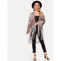 Open Front Fringe Hem Retro Print Kimono