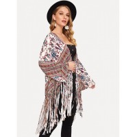 Open Front Fringe Hem Retro Print Kimono