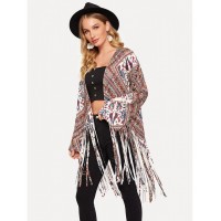 Open Front Fringe Hem Retro Print Kimono