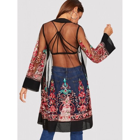 Open Front Mesh Flower Embroidered Kimono