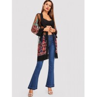 Open Front Mesh Flower Embroidered Kimono