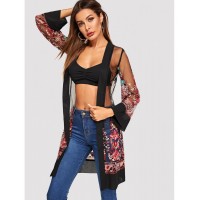 Open Front Mesh Flower Embroidered Kimono