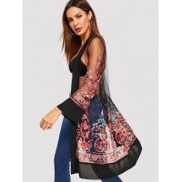 Open Front Mesh Flower Embroidered Kimono