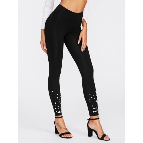 Pearl And Rhinestone Embellished Leggings