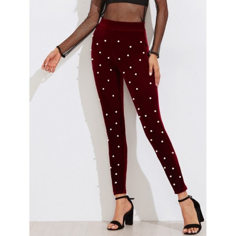 Pearl Detail Velvet Leggings