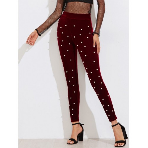 Pearl Detail Velvet Leggings