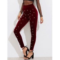 Pearl Detail Velvet Leggings